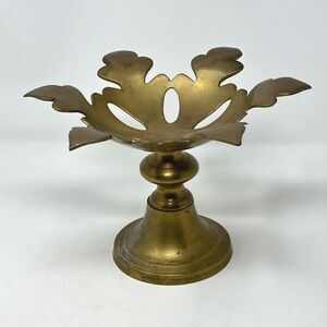 VTG Brass Pedestal Bowl Cutout Leaf Compote Centerpiece Hollywood Regency 10"